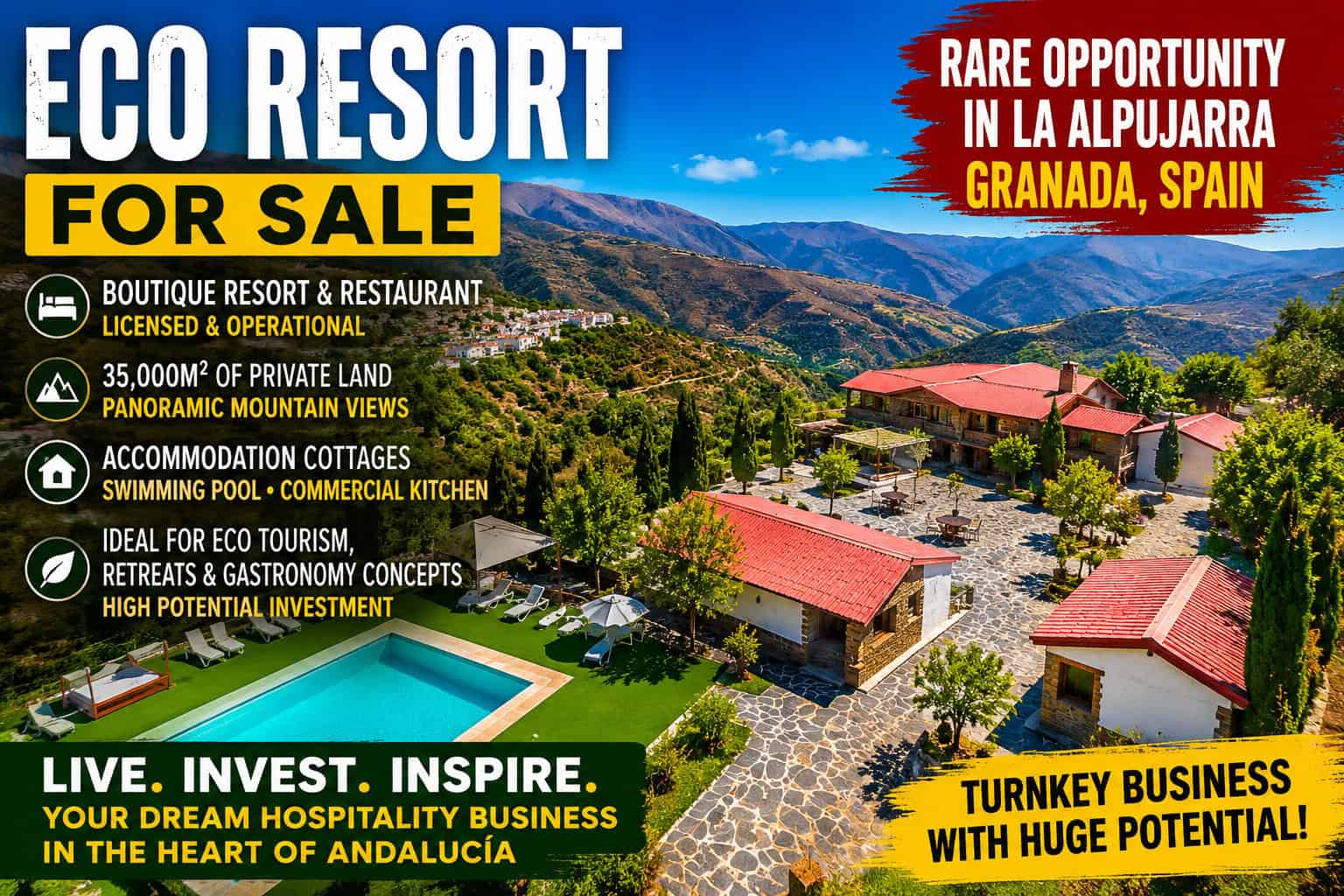 Eco Resort for Sale in Granada Spain Boutique eco resort with cottages and mountain views in La Alpujarra Granada