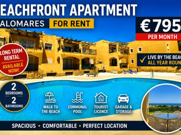 2 bedroom beachfront apartment for long term rent in Palomares with communal pool, garage, storage and terrace near the beach in Almería Spain
