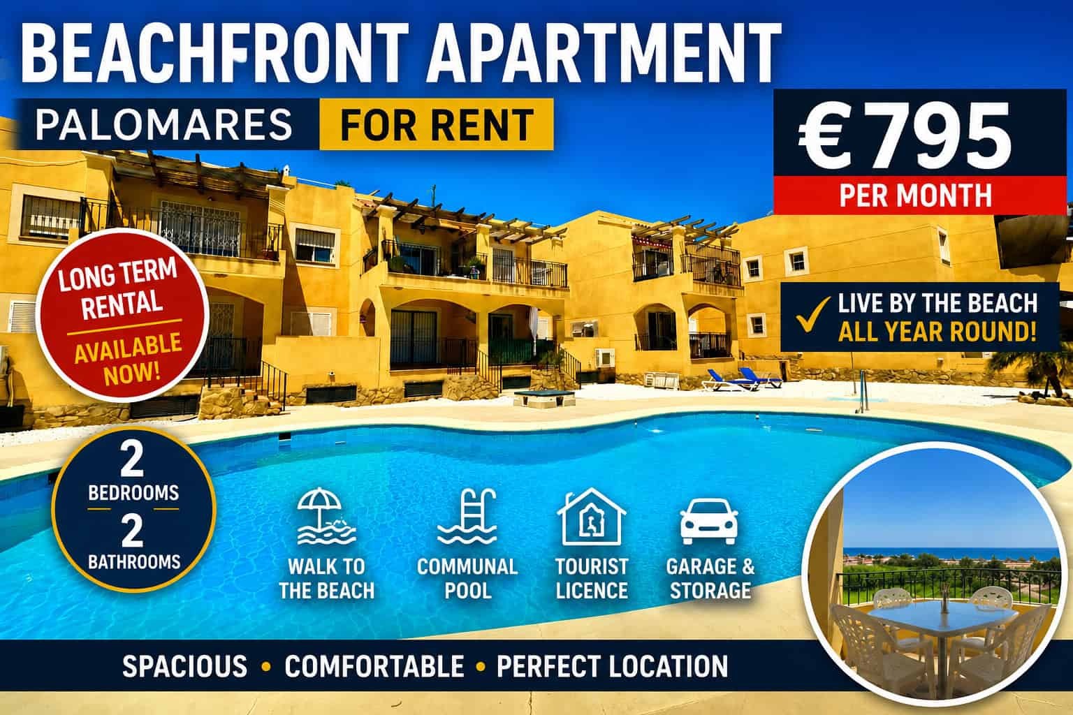 Beachfront Apartment for Long Term Rent in Palomares – €795 Per Month 2 bedroom beachfront apartment for long term rent in Palomares with communal pool, garage, storage and terrace near the beach in Almería Spain